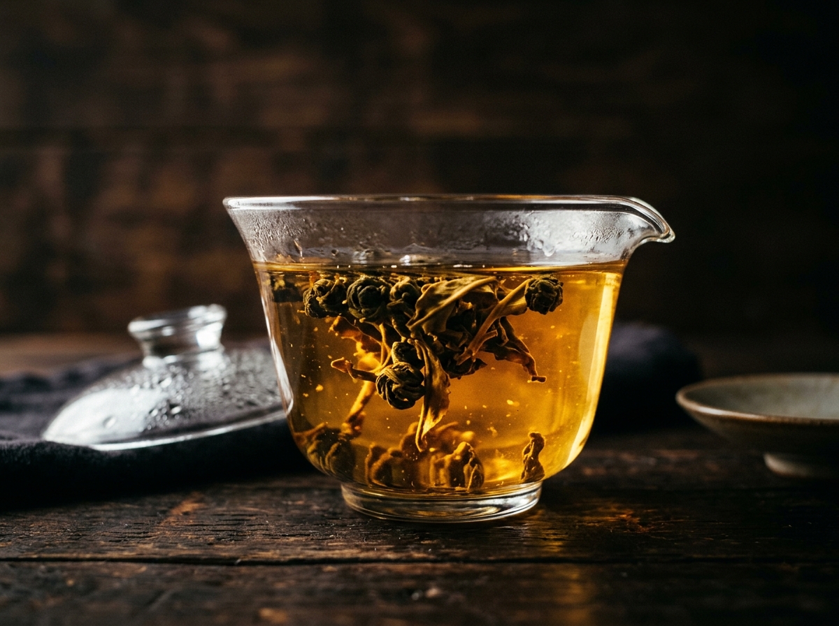 Entfaltete Oolong Teeblätter im Glasgefäß