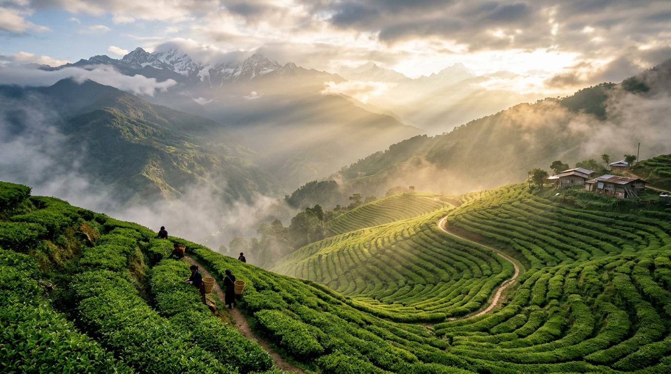 Morgenstimmung über den terrassierten Teefeldern